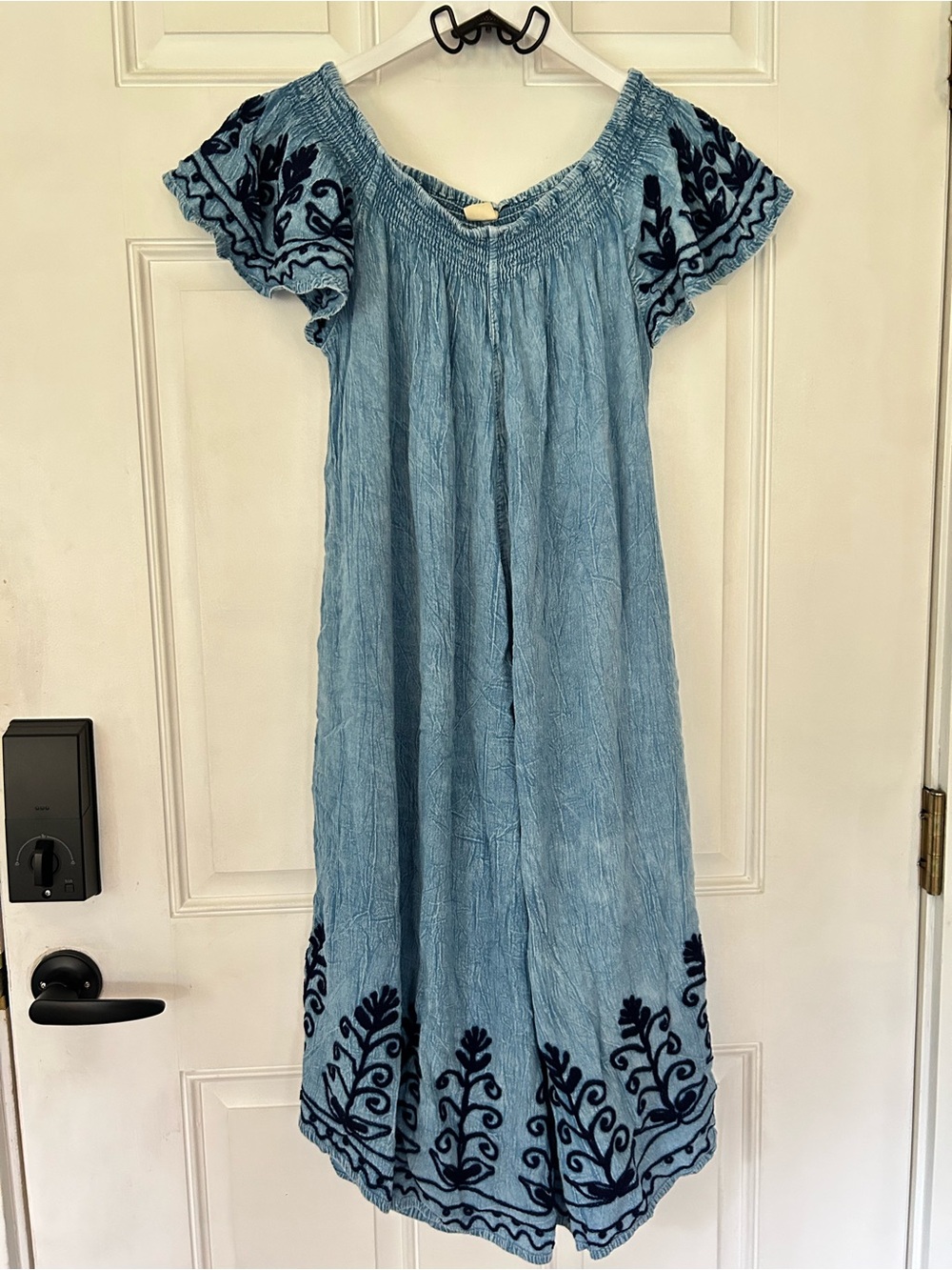 Rivieras Light Blue Embroidered Off-Shoulder Wide-Leg Jumpsuit